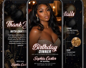 Luxury Gold Birthday Dinner Evite: Elegant Women's Digital Invitation, Editable Birthday Party Invite