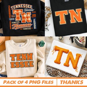 May include: A collection of four sweatshirt designs featuring Tennessee and TN graphics. The designs include orange plaid lettering, bold orange block letters, stacked orange text, and a textured orange yarn-style TN graphic on various shirts.