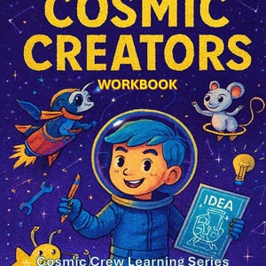 May include: A children's workbook titled "Cosmic Creators" with a blue and yellow color scheme. The cover features an astronaut character, cartoon space creatures, and the text "Cosmic Crew Learning Series".