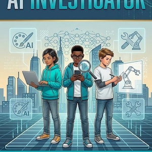 Könnte beinhalten: Buchcover für "AI INVESTIGATOR" mit drei Kindern und technischen Illustrationen. Der Titel ist türkis. Der Text enthält "Artificial Intelligence (AI) Book 1 For Kids Ages 11-13". Der Hintergrund zeigt eine Stadtlandschaft und digitale Elemente.