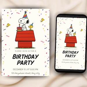 May include: Birthday party invitation featuring Snoopy on his red doghouse with a birthday cake. The invitation includes the text "PLEASE JOIN US FOR A BIRTHDAY PARTY" and event details. A smartphone displays the same invitation.