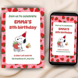 Peut inclure: Une carte d'invitation d'anniversaire et un écran de smartphone affichant le même design. Le fond présente un motif rose avec des fraises rouges et des étoiles blanches. Le texte indique : Join us to celebrate EMMA'S 8th birthday, 12 JULY | AT 6:00 PM, 123 Anywhere St., Any City. Un chien de dessin animé portant un chapeau de fête tient une fraise, avec un petit oiseau jaune à proximité.