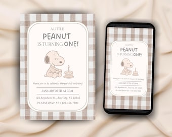 May include: A birthday invitation with a Snoopy illustration and the text "A Little Peanut is Turning One!" The design is on a beige and white checkered background, also displayed on a smartphone.