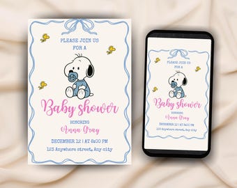 May include: Baby shower invitation featuring Snoopy in a blue outfit with a pacifier. The invitation has a light blue border and includes the text "Baby shower" in pink, along with event details.