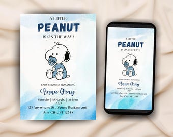 May include: Baby shower invitation featuring a cartoon Snoopy character with a pacifier, and the text "A Little Peanut Is On The Way!". The invitation is in blue and white, with event details for Anna Gray.