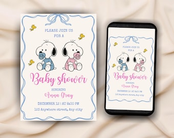 May include: Baby shower invitation featuring Snoopy characters in blue and pink outfits, with the text "Baby shower" in pink script. The invitation includes details for Anna Gray's baby shower, with a light blue border and bow design.