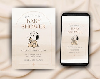 May include: Baby shower invitation featuring a cartoon dog with a pacifier. The invitation includes the text "Baby Shower" and event details. A smartphone displays the same design.