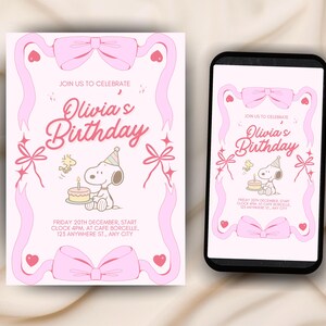 May include: A pink birthday invitation with the text "Olivia's Birthday" and a Snoopy illustration. The invitation is framed with pink ribbons and bows. A smartphone displays the same design.
