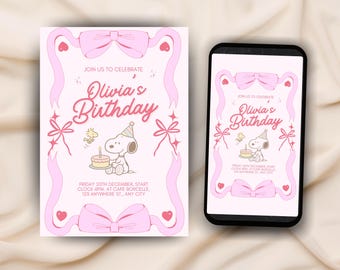 Könnte beinhalten: Eine rosa Geburtstagseinladung mit dem Text "Olivia's Birthday" und einer Snoopy-Illustration. Die Einladung ist mit rosa Schleifen und Bändern umrahmt. Ein Smartphone zeigt das gleiche Design.