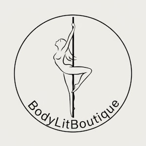 May include: A circular black and white logo featuring a stylized line drawing of a person performing a pole dance move. The text BodyLitBoutique is written in a black sans-serif font along the bottom curve of the circle, centered below the figure.