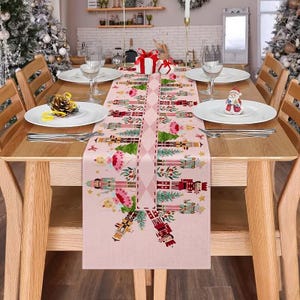 Pink Christmas Nutcracker Quilted Table Runner, Holiday Dining Decor