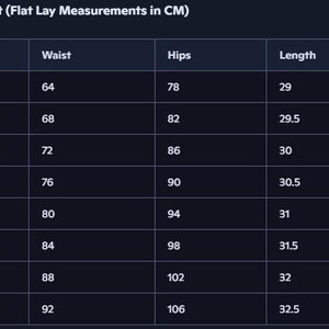 May include: A dark blue size chart table with white text, titled Size Chart (Flat Lay Measurements in CM). It lists sizes S through 5XL with corresponding waist, hips, and length measurements in centimeters, organized in a grid format.