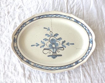 Antique French Country Plate, Blue White Rustic Pottery, 18th Century Normandy Faience, Folk Art Dish