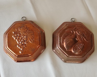 Par de moldes antiguos de cobre para fruta, uvas y limones, decoración vintage para la pared de la cocina, Francia.