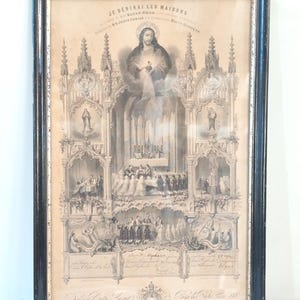 Antique French Catholic Certificate 1886, Framed Sacred Heart of Jesus Engraving, 19th Century Religious Wall Art