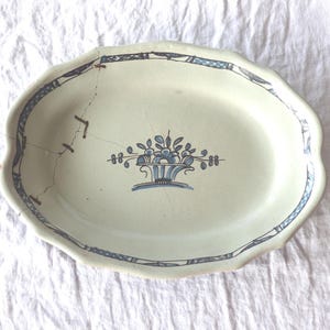 Antique French Pottery Platter, Blue Floral Rustic Faience, 18th Century Normandy Folk Art, Repaired Dish