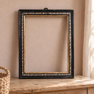 Antique French Empty Frame – Late 19th Century Black and Gold Wood Frame – Polychrome Floral Gallery Wall Decor