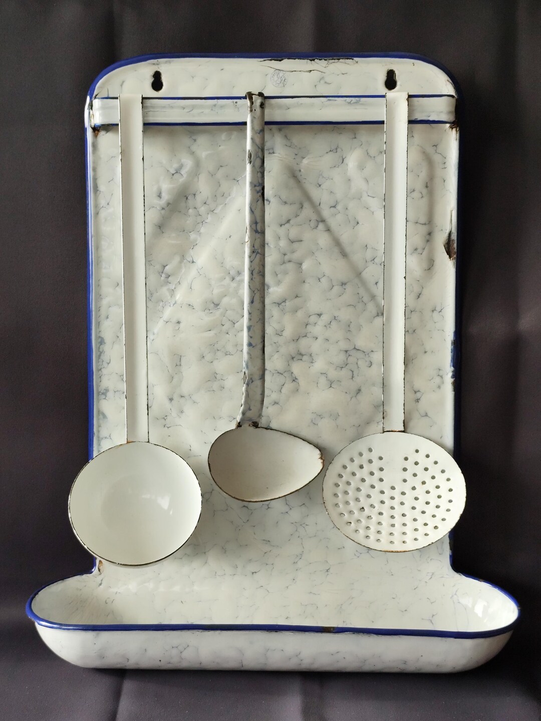 Enamel Spoon Rack Vintage French Enamel Kitchen Utensil Rack With Ladle and Skimmer ...