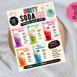 May include: A rectangular Dirty Soda Bar menu sign featuring five colorful drink illustrations labeled Unicorn Dream, Coconut Lime, Cherry Vanilla, Peachy Punch, and Blue Raspberry. The sign includes text instructions for customizing drinks with cream and various syrups.