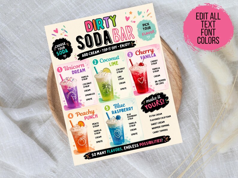 May include: A rectangular Dirty Soda Bar menu sign featuring five colorful drink illustrations labeled Unicorn Dream, Coconut Lime, Cherry Vanilla, Peachy Punch, and Blue Raspberry. The sign includes text instructions for customizing drinks with cream and various syrups.