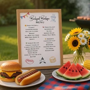May include: A wooden framed "Backyard Barbeque Menu" sign with a list of food items. A cheeseburger, hot dog, watermelon slices, and a vase of sunflowers are on a wooden table. A barbeque grill is in the background.