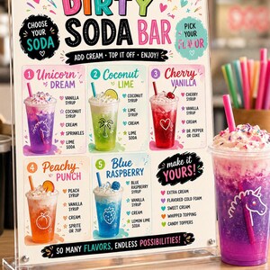 May include: A clear acrylic sign titled Dirty Soda Bar with colorful text and graphics. It lists five drink recipes: Unicorn Dream, Coconut Lime, Cherry Vanilla, Peachy Punch, and Blue Raspberry, each with ingredients and a corresponding drink illustration.