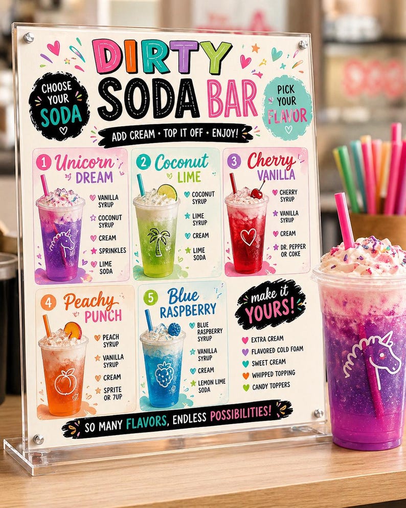 May include: A clear acrylic sign titled Dirty Soda Bar with colorful text and graphics. It lists five drink recipes: Unicorn Dream, Coconut Lime, Cherry Vanilla, Peachy Punch, and Blue Raspberry, each with ingredients and a corresponding drink illustration.