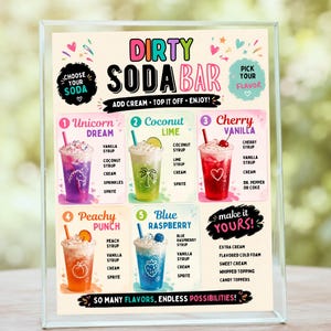 May include: A Dirty Soda Bar menu sign featuring colorful text and illustrations of five different soda drinks. The menu lists flavor combinations including Unicorn Dream, Coconut Lime, Cherry Vanilla, Peachy Punch, and Blue Raspberry with ingredients.