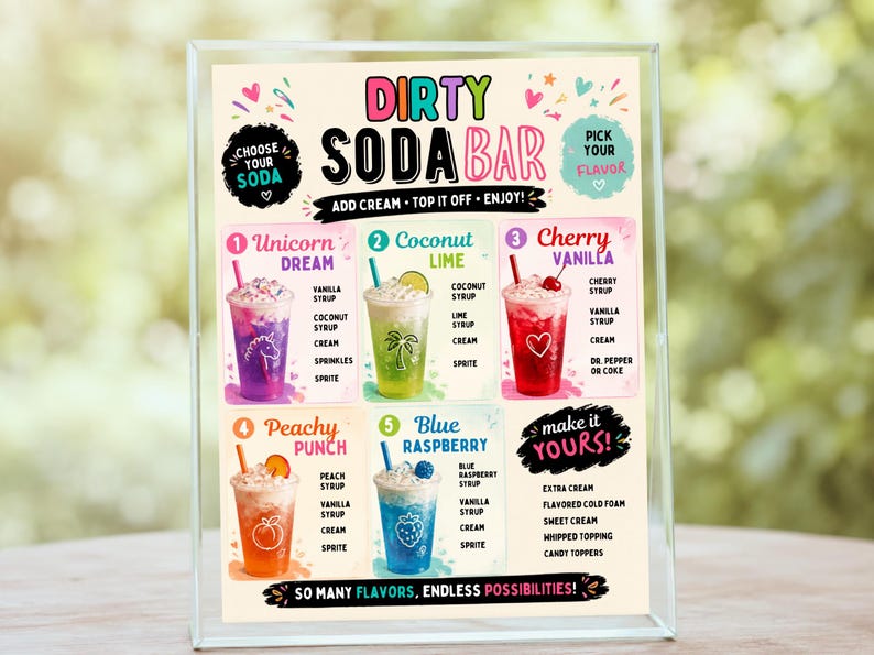 May include: A Dirty Soda Bar menu sign featuring colorful text and illustrations of five different soda drinks. The menu lists flavor combinations including Unicorn Dream, Coconut Lime, Cherry Vanilla, Peachy Punch, and Blue Raspberry with ingredients.