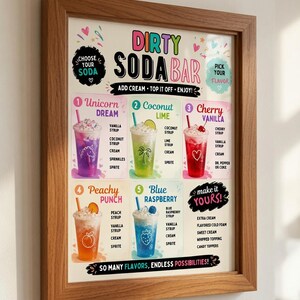 May include: A framed Dirty Soda Bar sign featuring colorful text and illustrations of five different soda drinks labeled Unicorn Dream, Coconut Lime, Cherry Vanilla, Peachy Punch, and Blue Raspberry, with instructions for customization.