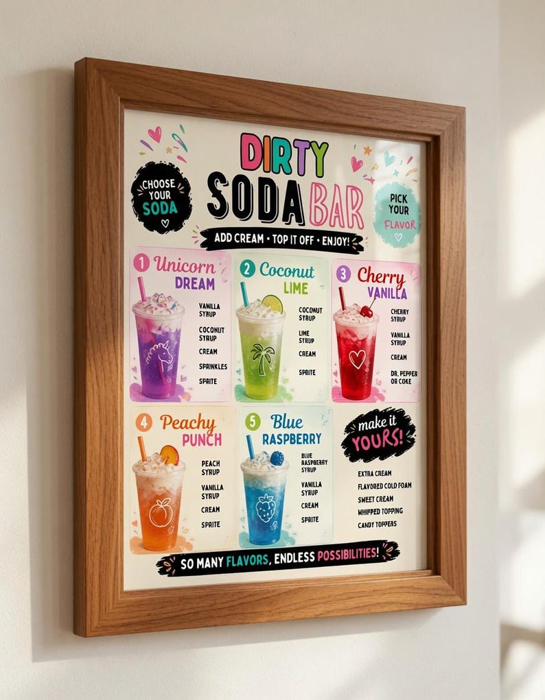 May include: A framed Dirty Soda Bar sign featuring colorful text and illustrations of five different soda drinks labeled Unicorn Dream, Coconut Lime, Cherry Vanilla, Peachy Punch, and Blue Raspberry, with instructions for customization.