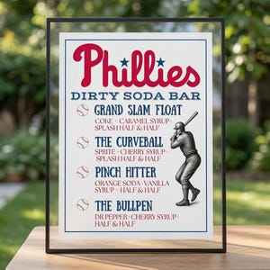 Könnte beinhalten: Ein gerahmtes Schild mit dem Titel Phillies Dirty Soda Bar im Baseball-Design. Es listet vier Getränkerezepte auf: Grand Slam Float, The Curveball, Pinch Hitter und The Bullpen, jeweils mit Zutaten wie Soda, Sirup und Sahne sowie Baseball-Symbolen.