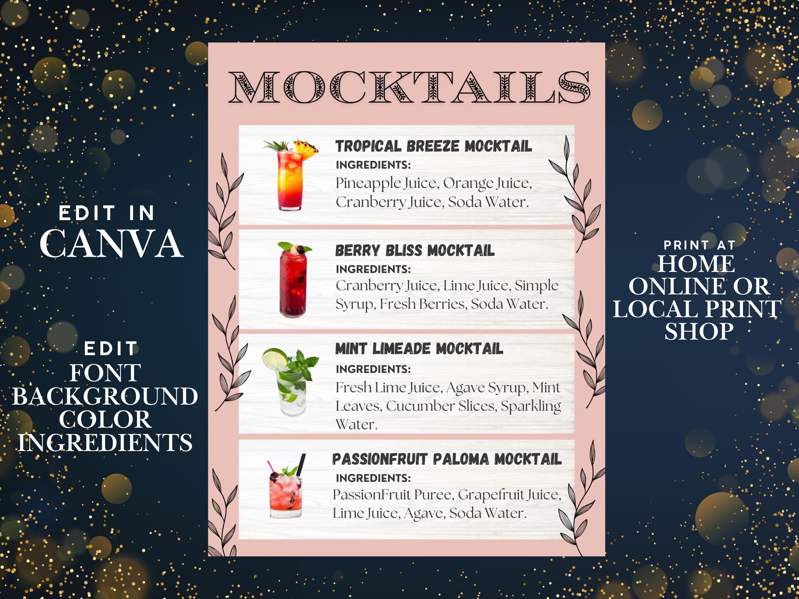 Easy Mocktail Menu.pdf Mocktail Bar Menu Sign, Party Drink Recipes, Sweet 16, Bridal Shower ...