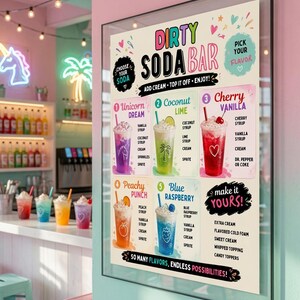May include: A framed menu sign titled Dirty Soda Bar featuring colorful illustrations of six soda drinks with flavor names like Unicorn Dream, Coconut Lime, Cherry Vanilla, Peachy Punch, and Blue Raspberry, plus a list of customizable toppings.