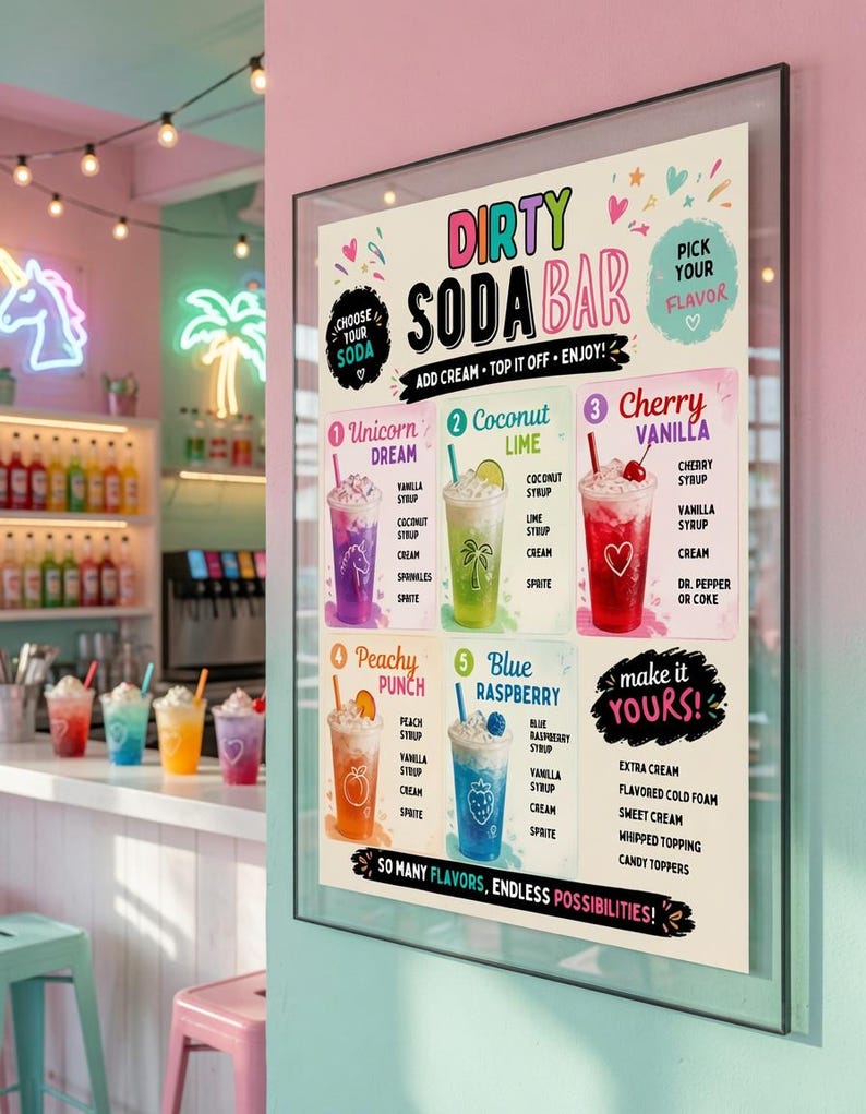 May include: A framed menu sign titled Dirty Soda Bar featuring colorful illustrations of six soda drinks with flavor names like Unicorn Dream, Coconut Lime, Cherry Vanilla, Peachy Punch, and Blue Raspberry, plus a list of customizable toppings.