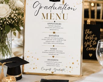 Modelo de placa para cardápio de festa de formatura, cardápio de formatura editável, decoração para a turma de 2026, placa para jantar de formatura para imprimir, cardápio de formatura em preto e dourado
