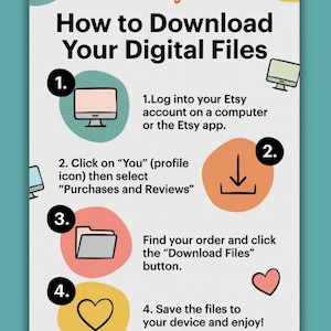 May include: An instructional graphic titled How to Download Your Digital Files. It outlines four steps: 1. Log into your Etsy account, 2. Click on You then Purchases and Reviews, 3. Find your order and click Download Files, 4. Save the files to your device.
