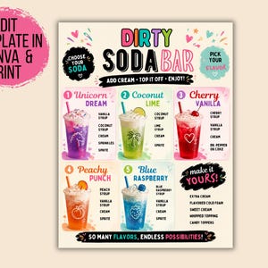 May include: A Dirty Soda Bar menu template featuring five colorful drink options with ingredients listed for each. The text includes 'EDIT TEMPLATE IN CANVA & PRINT', 'DIRTY SODA BAR', 'CHOOSE YOUR SODA', 'PICK YOUR FLAVOR', and 'MAKE IT YOURS!' with various flavor combinations.