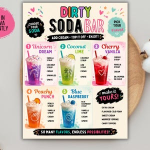 May include: A Dirty Soda Bar menu sign featuring five drink options: Unicorn Dream, Coconut Lime, Cherry Vanilla, Peachy Punch, and Blue Raspberry. The sign includes instructions to choose a soda, pick a flavor, add cream, and enjoy, with a section to make it yours.