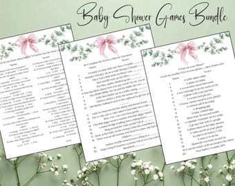 Pink Bow Babyparty Spiele Bundle, Coquette Eukalyptus Thema (Digitaler Download)