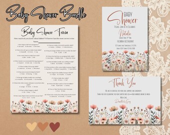 May include: A baby shower bundle featuring a trivia game, invitation, and thank you card. The items have a floral design with a neutral color palette. The trivia game includes questions about babies. The invitation includes the text "Baby Shower". The thank you card includes the text "Thank You".