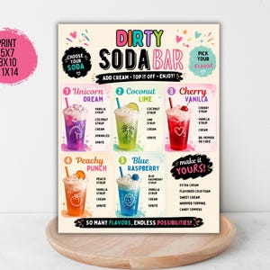 May include: A Dirty Soda Bar menu sign featuring five colorful drink illustrations labeled Unicorn Dream, Coconut Lime, Cherry Vanilla, Peachy Punch, and Blue Raspberry. The sign includes instructions for customization and lists available sizes 5x7, 8x10, 11x14.