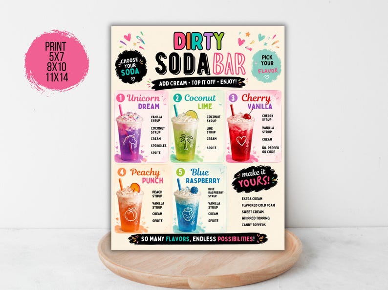 May include: A Dirty Soda Bar menu sign featuring five colorful drink illustrations labeled Unicorn Dream, Coconut Lime, Cherry Vanilla, Peachy Punch, and Blue Raspberry. The sign includes instructions for customization and lists available sizes 5x7, 8x10, 11x14.