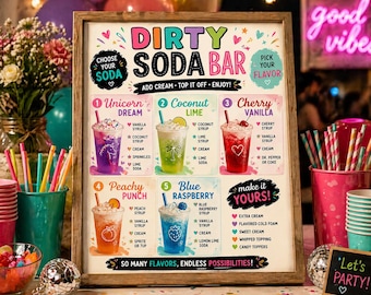 Insegna per bar Dirty Soda / Menù per feste colorato (Download digitale)