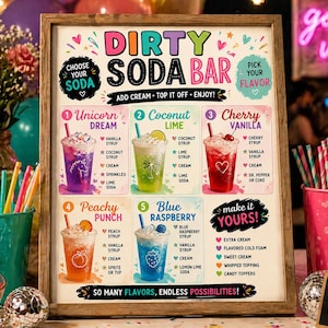 Peut inclure: Une affiche rectangulaire dans un cadre en bois intitulée Dirty Soda Bar avec du texte et des graphiques colorés. Elle présente cinq recettes de boissons : Unicorn Dream, Coconut Lime, Cherry Vanilla, Peachy Punch et Blue Raspberry.