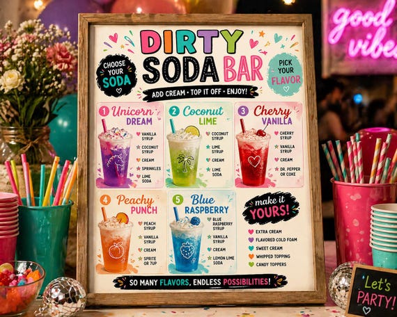 Dirty Soda Menu Canva Template | Printable Soda Bar Sign for Bridal Showers & Graduation Parties
