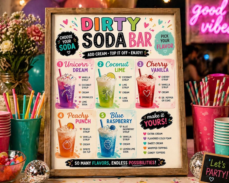 May include: A rectangular wooden-framed sign titled Dirty Soda Bar with colorful text and graphics. It lists five drink recipes: Unicorn Dream, Coconut Lime, Cherry Vanilla, Peachy Punch, and Blue Raspberry, plus a Make It Yours section for toppings.