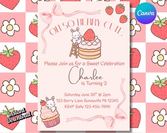 Strawberry Birthday Invitation Template, Berry Party (Digital Download