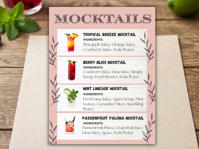 Easy Mocktail Menu.pdf Mocktail Bar Menu Sign, Party Drink Recipes, Sweet 16, Bridal Shower ...