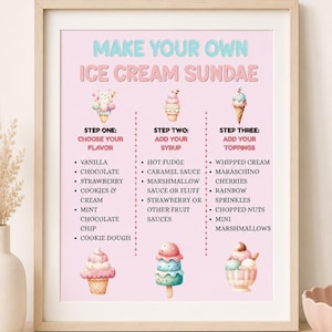May include: A framed pink poster with the text "MAKE YOUR OWN ICE CREAM SUNDAE." It lists ice cream flavors, syrups, and toppings. The poster includes illustrations of ice cream cones and sundaes, perfect for a dessert-themed kitchen or party.